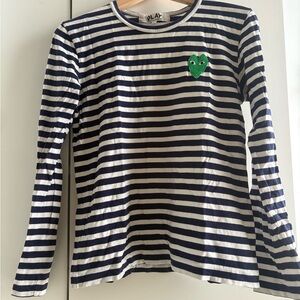 Comme des Garçons PLAY Navy and White Striped Long-Sleeve Tee with Green Heart